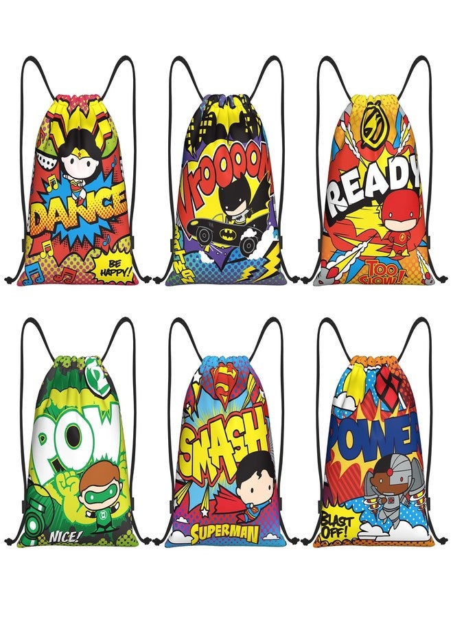 CoCube+ Superhero Drawstring Bag Set of 6 - Cartoon Hero Themed Gym Sack Backpack, Lightweight Polyester String Bag for Birthday, Party Favors, Travel & Sports - Image 1